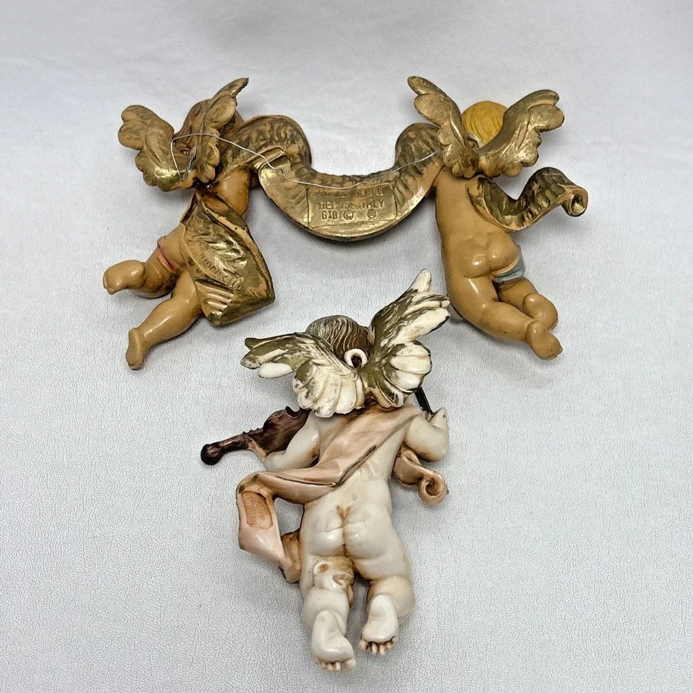 2 Fontanini Cherub Angel Depose Italy Simonetti Vintage Banner Violin Wall Hang